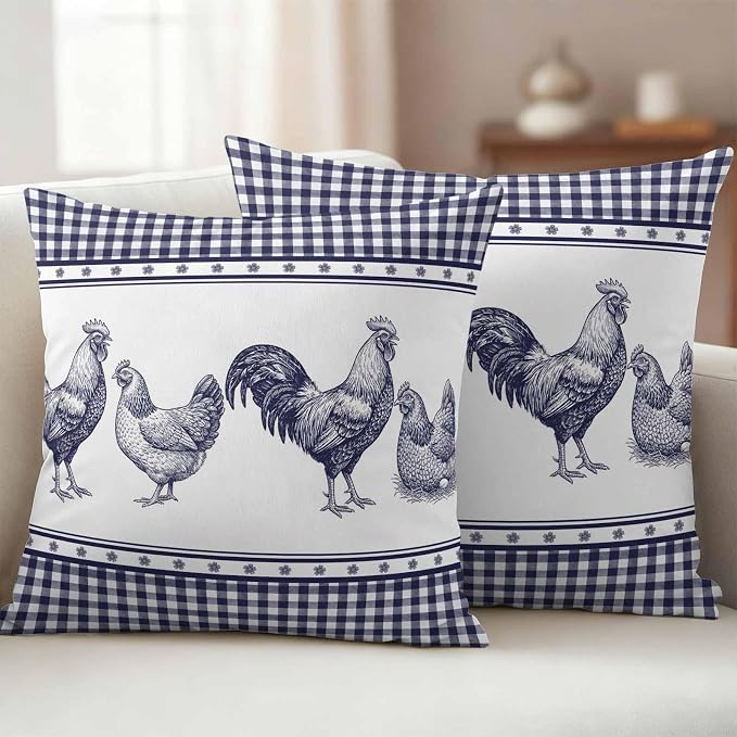 Navy Blue Rooster Outdoor Pillow Covers 16x16 Inch Throw Pillow Covers Set of 2 Waterproof Decorative Pillow Cases Vintage Farmhouse Blue Plaid Cushion Covers for Patio Furniture Garden Couch Sofa