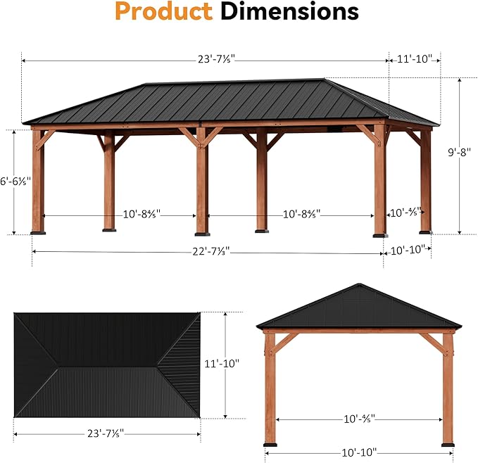 Modern Shade Tranquil Grove Wood Gazebo 12' x 24', Hardtop Gazebo Permanent with Galvanized Steel Roof, Cedar Outdoor Gazebo with Sturdy Hooks for Garden, Backyard, Patio and Deck