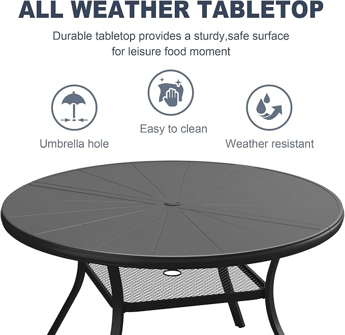 VICLLAX Round Patio Dining Table, 4-6 Person Aluminum Outdoor Dining Table with Umbrella Hole and Storage Shelf for Garden Lawn Deck, 47.2" Black
