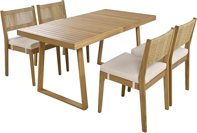 LUMISOL 5 Piece Outdoor Dining Table Set, Acacia Wood Dining Table and Chairs Set with Thick Cushions, Farmhouse Kitchen Table Set for Indoor and Outdoor, Beige