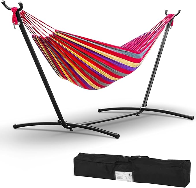 Double Hammock Portable Camping Hammock with Heavy Duty Steel Hammock Stand and Carrying Bag for Outdoor Patio Backyard Indoor,Red (Red)