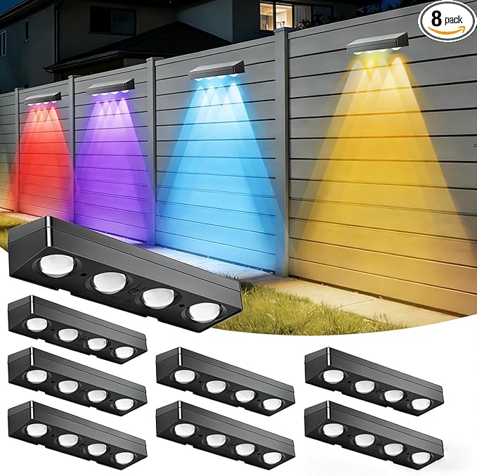 Solar Fence Lights Outdoor Waterproof 8 Pack IP65 Waterproof Fence Solar Lights 3000/5000K/RGB 12 Modes, Solar Powered Wall Lighting Decor for Backyard, Railing, Step, Patio Housewarming Gifts