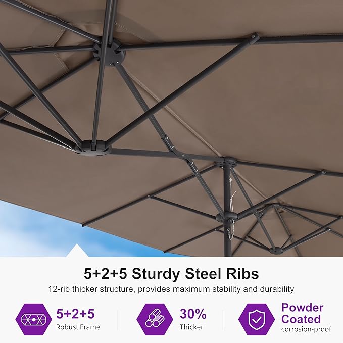 PURPLE LEAF 13ft Double-Sided Patio Umbrella with Base Included Market Rectangle Umbrella Outdoor Table Umbrella with Crank for Pool Garden Deck, Taupe