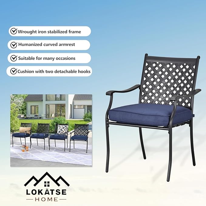 LOKATSE HOME 5-Piece Outdoor Patio Metal Dining Set with Iron Armrest Cushioned Chairs and Steel Round Table with Umbrella Hole, Blue