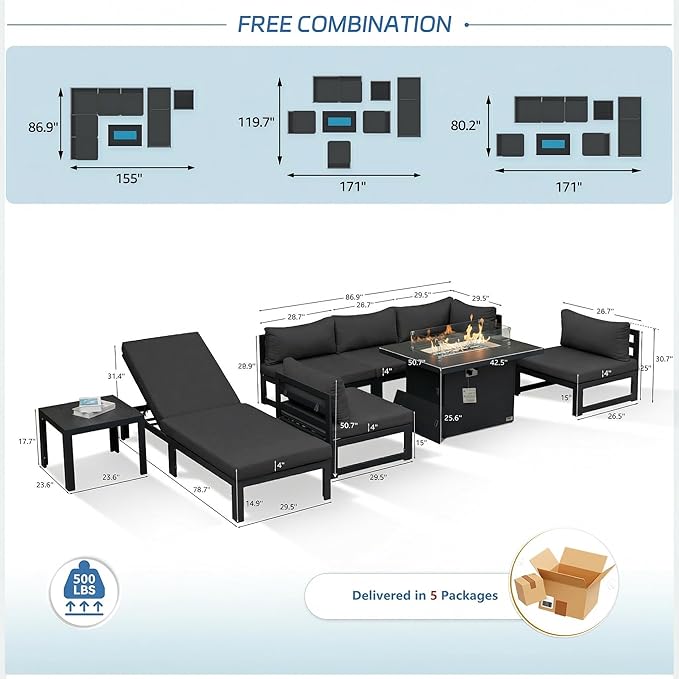 NICESOUL 8 Piece Luxury Aluminum Outdoor Sectional Sofa with Chaise Lounge & Firepit, Large Modular Patio Furniture Set, 29" Deep Wide Seating, 500 lbs Heavy Duty Conversation Set for Deck, Dark Gray