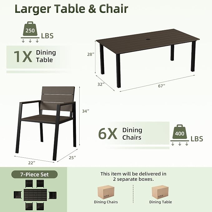 Outdoor Table and Chairs for 6 Aluminum Patio Dining Set with Umbrella Hole | All Weather,HDPS Material,Oversized,7 Piece,for Backyard,Rot-Fade-Crack Proof,Maintenance-Free,Sturdy,Heavy-Duty,Yellow