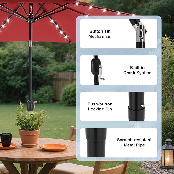 DUMOS LED Outdoor Patio Umbrella 10 FT UV-Resistant Market Umbrella with Tilt Adjustment & Crank Lift, All-Weather Shade for Backyard, Deck, Garden, Beach