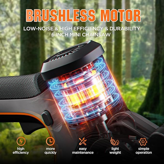 Litheli 20V Mini Chainsaw 6 inch Brushless Handheld Chainsaw Cordless with 2.0Ah Battery & Cable, 450W 24.6ft/s Fast Cut, Auto-Oiling Small Electric Chain Saw for Wood Cutting, Yard, Garden Gift