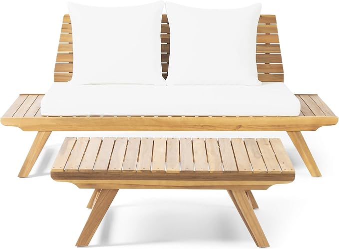 Christopher Knight Home Outdoor 2 Seater Acacia Wood Loveseat and Coffee Table Set, Teak and White