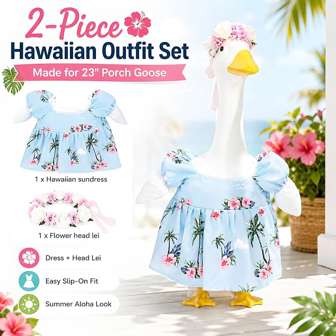 Funny 2 Pack Hawaiian Porch Goose Outfit for 17/23 Inch Lawn Geese Statue, Tropical Palm Floral Summer Dress & Flower Lei Headband Set, Aloha Style Goose Costume for Outdoor Yard Patio Garden Décor