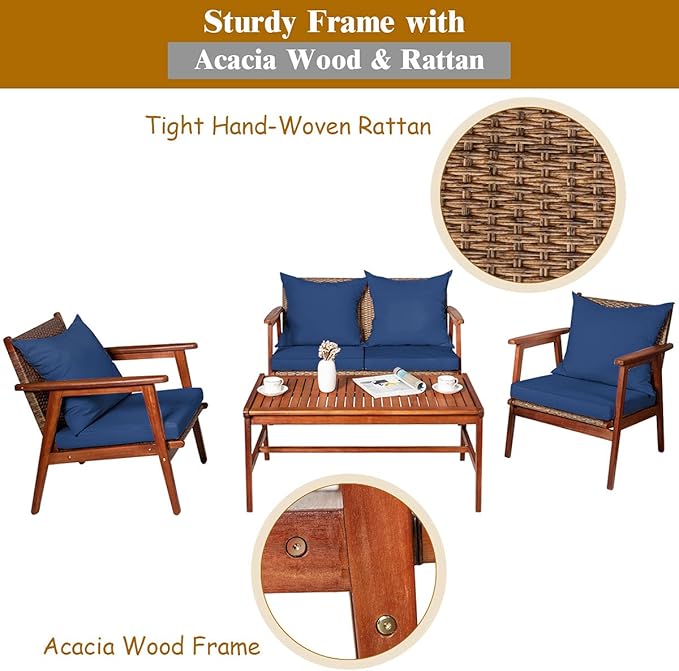 Tangkula 8 PCS Patio Wood Sofa Set, Outdoor Acacia Wood Seating Chat Set with Cushions & Coffee Table, Sectional Conversation Sofa Set for Garden, Backyard, Poolside (2, Blue)