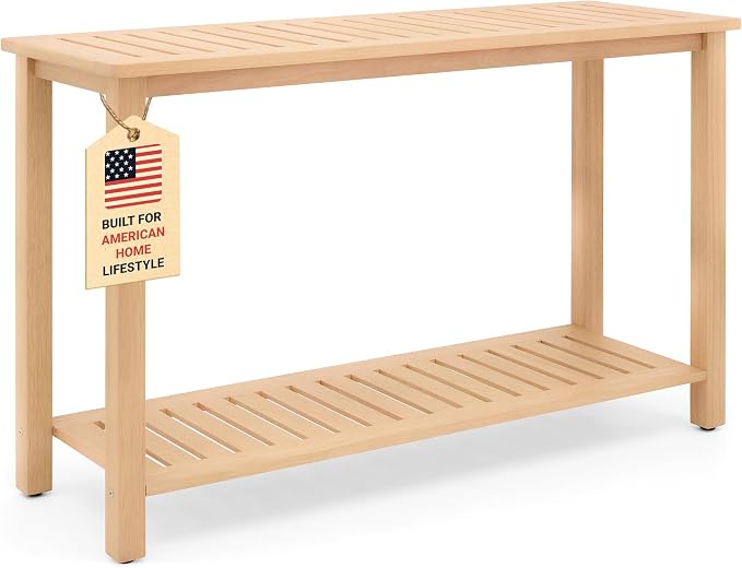 Premium 2-Tier Wooden Console Table with Storage Shelf Solid Eucalyptus Wood 48.03"x 16.14"x 31.1" Entryway Sofa Table for Hallway, Living Room (Natural)