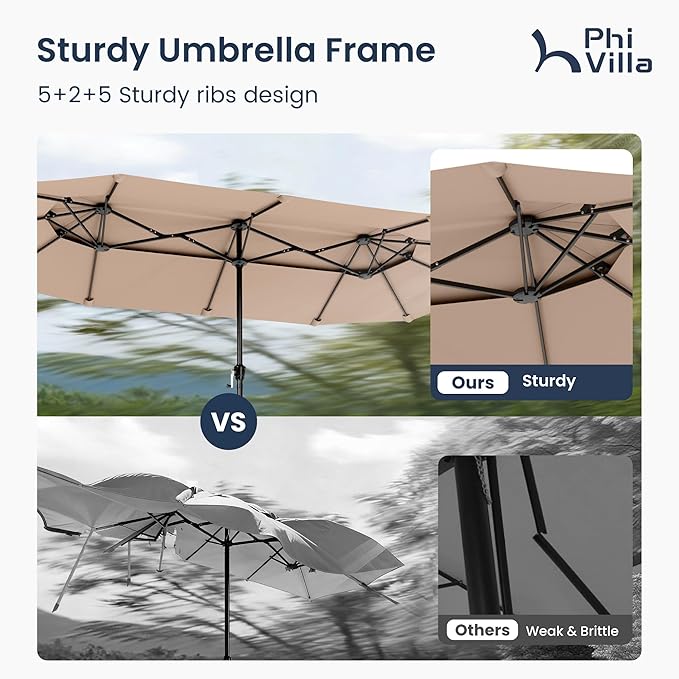 PHI VILLA 13ft Outdoor Patio Umbrellas with Base Included, 2-Tier Double-Sided Outdoor Rectangular Sun Umbrella for Outside, Beige