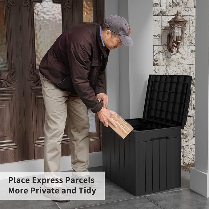 Flamaker Deck Box 31 Gallon Waterproof Resin Small Deck Box with Lid, Indoor Outdoor Package Delivery Box, Organization and Storage for Patio Furniture, Garden Tools, Outdoor Cushions (Black)
