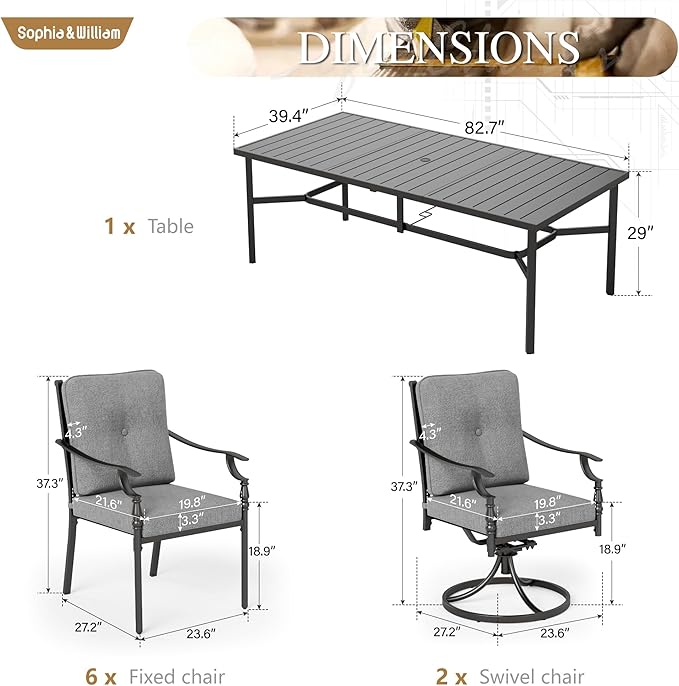 Sophia & William 9 Piece Outdoor Patio Dining Set, Patio Table and Chairs Set for 8, 6 Fixed and 2 Swivel Patio Chairs with Cushions and Rectangular Table, Outdoor Dining Set for Backyard, Poolside