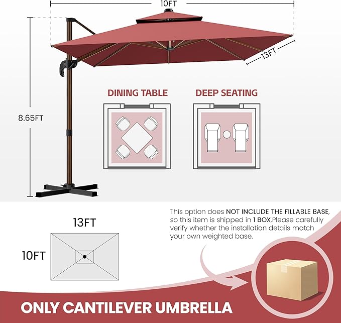 GENTEACO 10x13FT Wood Pattern Cantilever Patio Umbrella, Double Top Rectangle Offset Umbrella 7 Angle Tilts & 360° Rotation, Large Heavy Duty Outdoor Sun Umbrella for Pool Market, Red