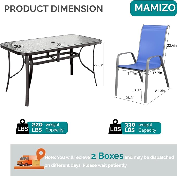 MAMIZO 7 Pieces Patio Dining Set for 6, Outdoor Table and Chairs w/Rectangle Glass Table and 6 Textilene Stackable Chairs, Patio Furniture Set w/1.69" Umbrella Hole (Black Table & Navy Blue Chair)
