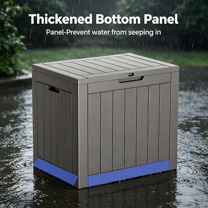 34 Gallon Outdoor Storage Box, Resin Deck Box Waterproof, Raised Bottom Outside Storage Bin with Lockable Lid for Patio Cushions & Garden Tools - Beige