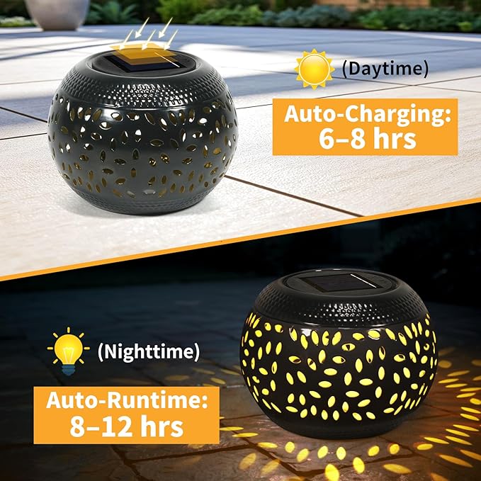 Solar Table Light Waterproof Outdoor & Indoor Lantern - Black Metal Retro Hollowed-Out Flickering Flame Tabletop Lights for Desk/Bedroom/Patio/Garden, Solar Powered Lamp Pathway Yard Garden Decor