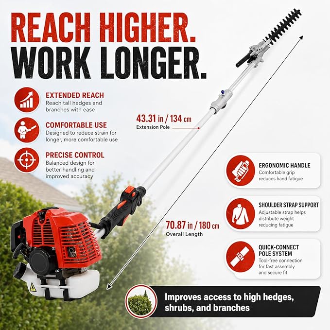 5 in 1 Weed Eater Gas Powered, 52CC 2 Stroke Hegde Trimmer, Weed Wacker,String Trimmer, Heavy Duty Brush Cutter, Pole Saw with Extension Pole, Multi Functional Trimming Tools for Lawn Care
