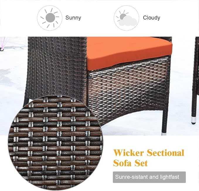 HOMGX 4 Piece Rattan Patio Furniture Set, Sectional Sofa Chair, Wicker Set with Tempered Glass Coffee Table & Thick Cushions, Wicker Patio Set for Garden, Lawn, Poolside, Backyard (Orange)