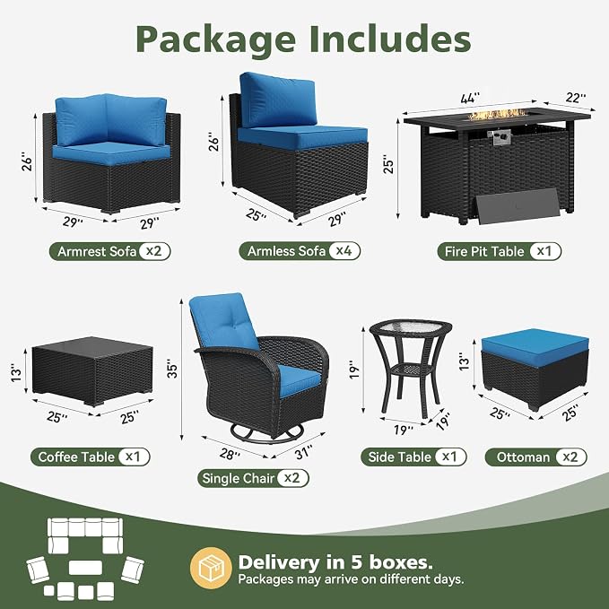 Aoxun 13 Piece Outdoor Patio Furniture Set with 44'' Fire Pit Table, Wicker Rattan Outdoor Furniture with High Back Swivel Rocker Chairs, Outdoor Sofa Set with Thick Cushion & Ottoman, Peacock Blue