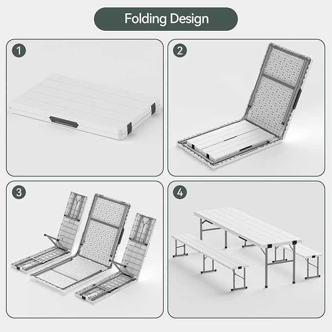 6FT All-in-One Folding Table and Chair Set, Seats 6-8, Chairs Store Inside to Form Carrying Case, Heavy Duty HDPE & Steel, Portable Space-Saving for Outdoor, Party, Camping, Picnic, White