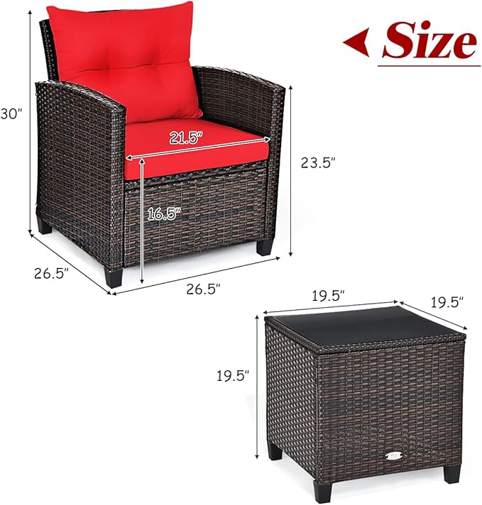 AUGESTER 3 PCS Patio Furniture Set, Outdoor PE Rattan Wicker Conversation Sofa Set w/Washable Cushion and Tempered Glass Tabletop, All Weather Chat Sofa for Garden Poolside Balcony Porch Bistro (Red)