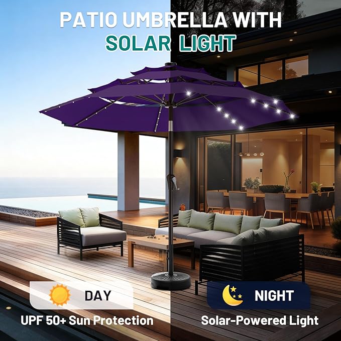 AreShark 9ft 3 Tiers Patio Umbrella with Solar Lights, Outdoor Umbrella w/ 32 LED Lights&8 Sturdy Ribs, Table Umbrella for Deck, Backyard, Pool (Dark Purple)