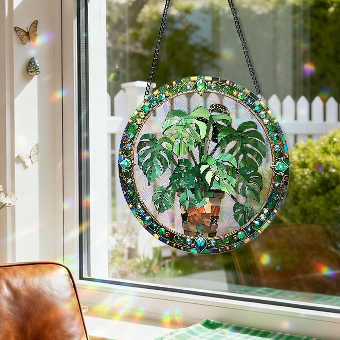 Acrylic Suncatcher Window Hanging, Leaf Sun Catcher Rainbow Indoor Window Decoration for Living Room Bedroom, Summer Home Balcony Ornaments Deco, 7.87 x 7.87 inches (64 Leaf)