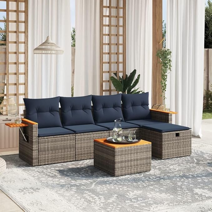 vidaXL Patio Sofa Set with Cushions 6 Piece, Outdoor Conversation Set, Sectional Sofa for Balcony Garden, Modern Style, Gray Poly Rattan