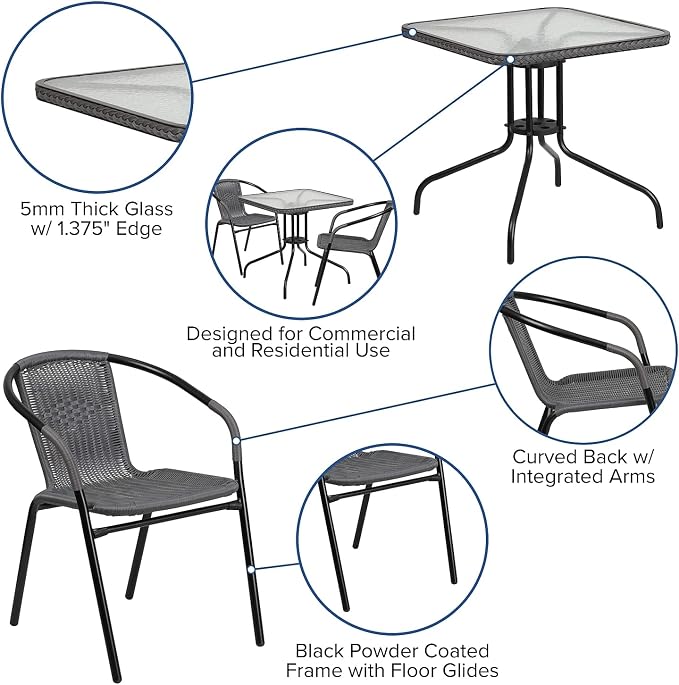 Flash Furniture Lila 28'' Square Glass Metal Table with Gray Rattan Edging and 2 Gray Rattan Stack Chairs