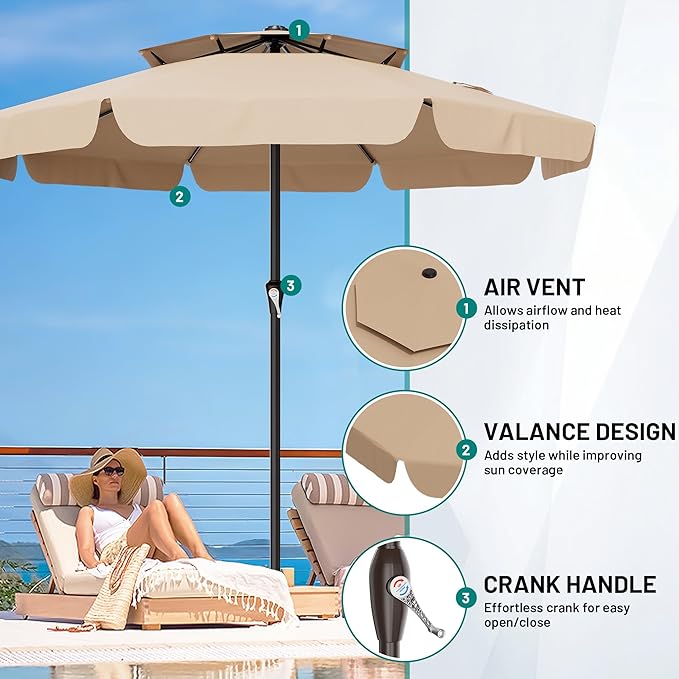 AreShark 12ft 2-Tier Patio Umbrella with Valance - Outdoor Umbrella Waterproof UV Protection, Market Table Umbrella w/ 8 Sturdy Ribs&Crank for Pool, Backyard, Garden(Beige)