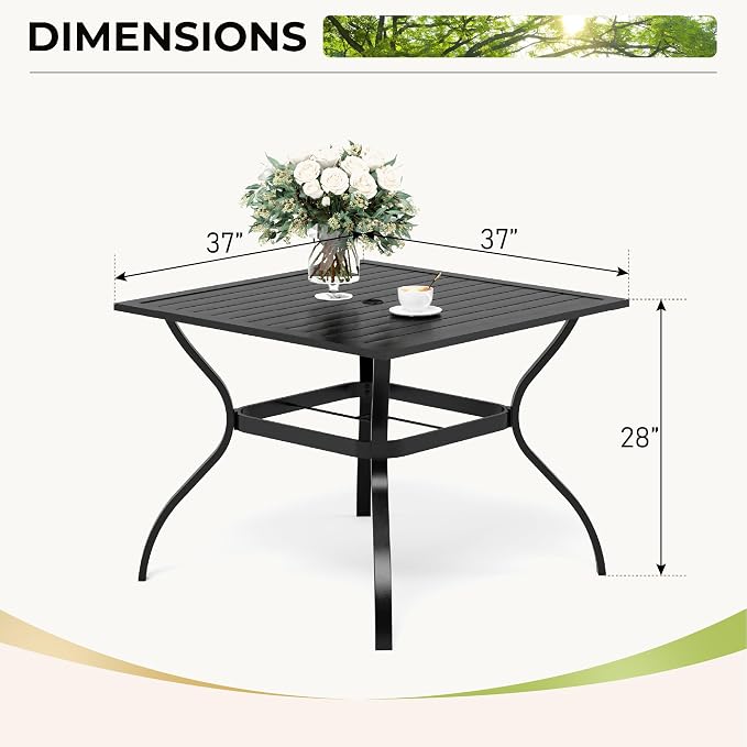 MIXPATIO Outdoor Patio Square Dining Table, 37"x 37" Metal Slatted Tabletop with Adjustable Umbrella Hole, All Weather Wrought Iron Black Outdoor Table for Deck Lawn Garden Backyard, Black