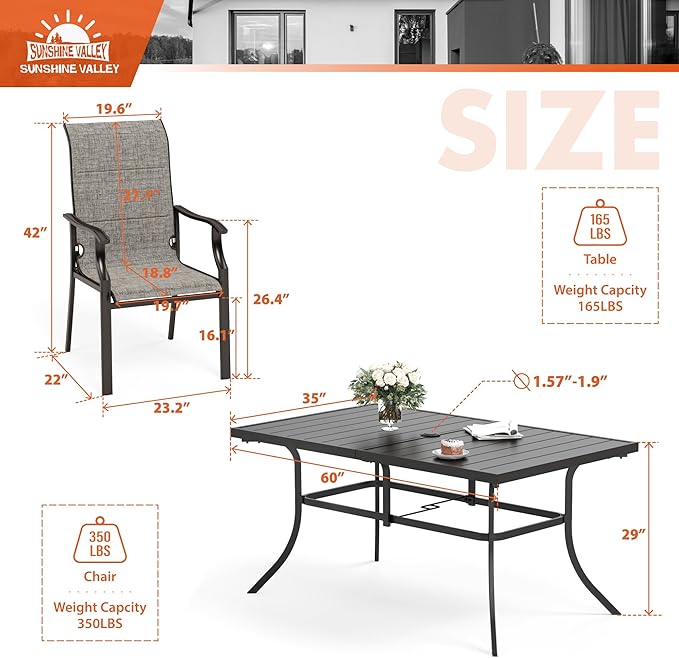 SUNSHINE VALLEY 7 Piece Patio Dining Sets for 6, Metal Outdoor Table and Chairs Set with 1 Patio Dining Table(1.57-1.9" Hole) and 6 Textilene Patio Dining Chairs, Outdoor Dining Set for Deck Backyard
