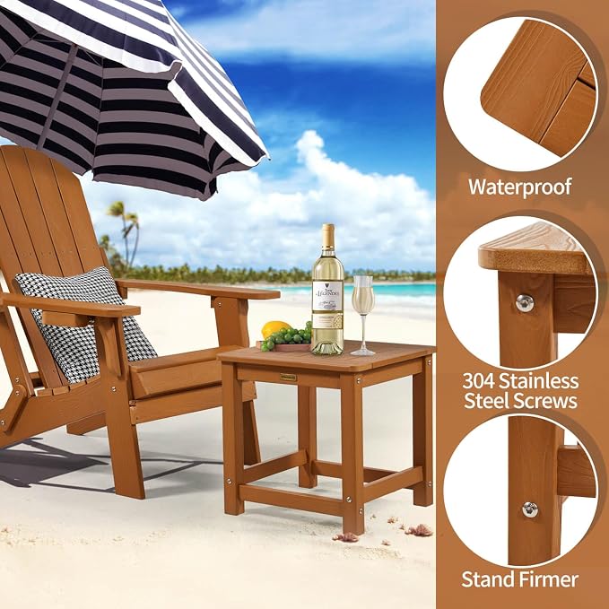 Outdoor Side Table Set of 2, HIPS Plastic Composite Adirondack Patio Table, Weather Resistant End Tables for Outside, Indoor, Patio, Garden, Pool, Porch, Backyard, Lawn, Deck - Teak