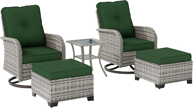 Outdoor Patio Furniture Set Patio Rocking Swivel Chair with Tempered Glass Side Table, Outdoor Wicker Rattan Bistro Set with Ottomans for Garden, Deck, and Balcony, Green