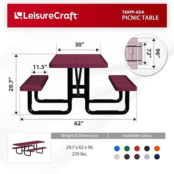 Leisure Craft Metal Picnic Table with Bench - 8 ft Rectangle Outdoor Dining Table with Umbrella Hole, Heavy Duty Thermoplastic Coating, ADA Compliant, Commercial Grade Furniture Made in USA - Burgundy