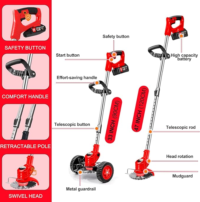 Electric Weed Wacker Cordless Eater Battery Powered 4 in 1 Lightweight Weed Trimmer with 4 Types Blades & Weed Storage Bag, 21V Battery Operated No-String Grass Trimmer for Garden Yard