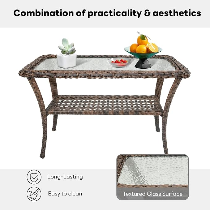 Belord 38 Inch Outdoor Coffee Table with 2 Tier Storage - Wicker Coffee Table with Water Ripple Texture Tempered Glass Top, All Weather Patio Coffee Table for Deck Porch Balcony Garden Brown