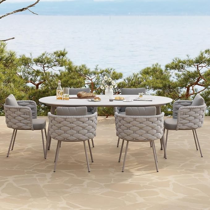 7-Piece Outdoor Dining Set - 70.9'' Sintered Stone Top Dining Table with 6 Rope Woven Armchairs, Aluminum Frame, and Cushions for Patio, Garden, and Outdoor Dining