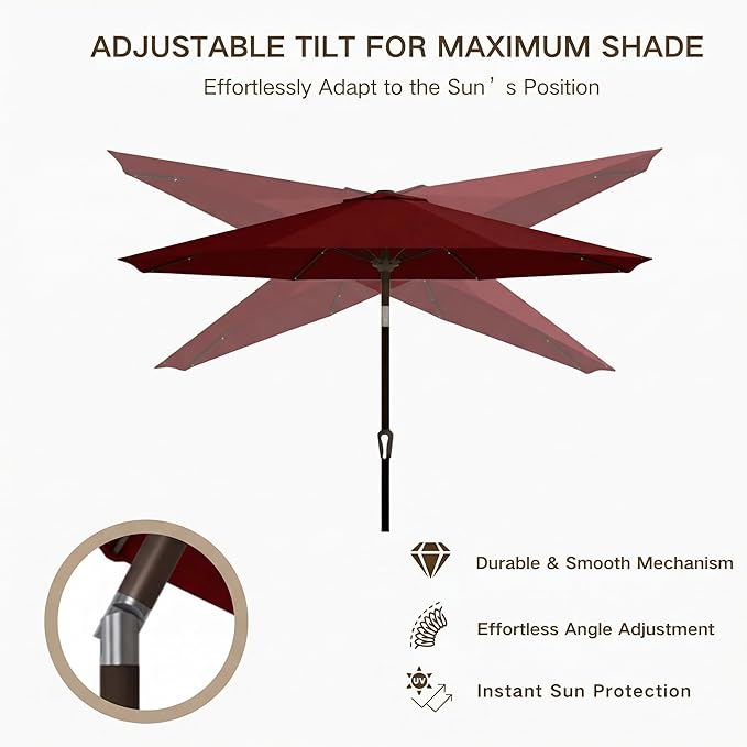 Kingdura 10FT Outdoor Patio Umbrella with Solar Lights, Market Table Umbrella with Push Button Tilt & Crank, 8 Sturdy Ribs, 32 LED Lights, UV Protection for Garden Lawn Deck Backyard Pool (Dark red)