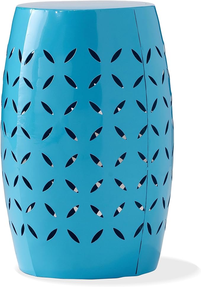 Merax Outdoor and Indoor Patio Garden Lace Cut Iron End Side Table, Round Hollow Drum Shape, for Small Spaces, Living Room, Front Porch, and Poolside, Blue