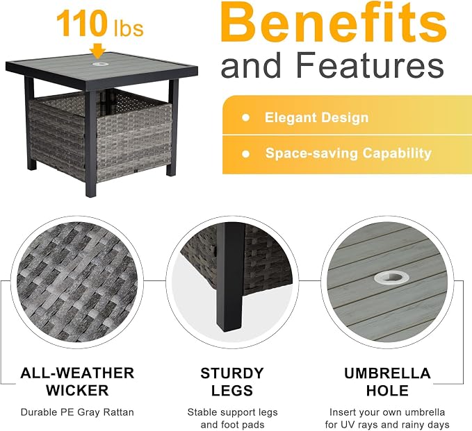 Outvita Outdoor Side Table with Umbrella Hole, Rattan Umbrella Stand Table with 1.6" Umbrella Hole for Patio Yard Balcony Porch Poolside