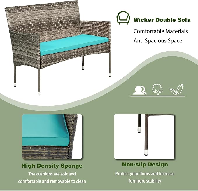 PayLessHere Outdoor Furniture Set 4 Pcs Modular Patio Furniture Set Water Resistant Conversation Set with 3 Rattan Chairs 1 Tempered Glass Topped Table for Patio Poolside, Gray Wicker/Blue Cushions