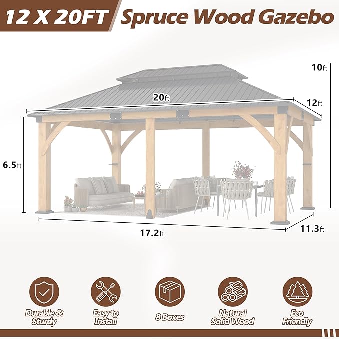 12' x 20' Upgraded Wood Gazebo, Spruce Wooden Gazebo with Double Galvanized Steel Roof, Outdoor Wooden Hardtop Gazebos for Deck, Backyard
