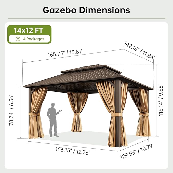 12x14FT Hardtop Gazebo, Metal Frame with Double Galvanized Steel Roof, Permanent Outdoor Pergola with Curtains and Netting Included for Backyard, Patio, Lawn and Garden, Brown