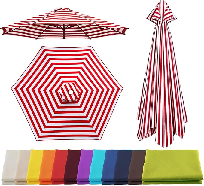 Patio Umbrella Replacement Canopy for 6/8 Ribs, Outdoor Table Market Yard Umbrella Replacement Top Cover, Waterproof Umbrella Canopy Fabric Replacement Canvas(Red and White,6.6FT 6-Ribs)
