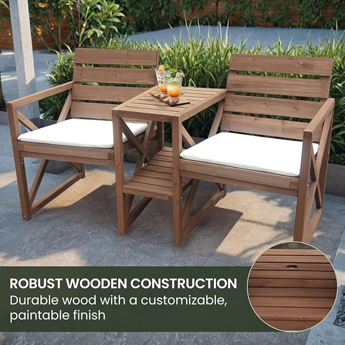 Hanover 33.5" x 27.5" Wood Outdoor Conversation Set with Two Seats, Table, and Umbrella