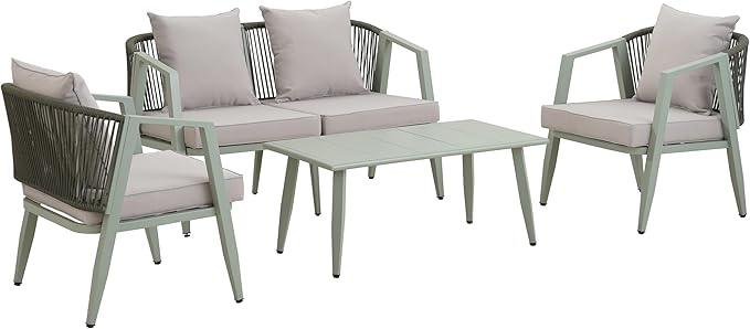 GDFStudio Aoxwe 4 Piece Outdoor Conversation Set, Rope Woven Club Chairs, Woven Open Back Loveseat, Slats Panel Design Coffee Table, Iron Frame Sectional Conversation Set for Poolside, Green